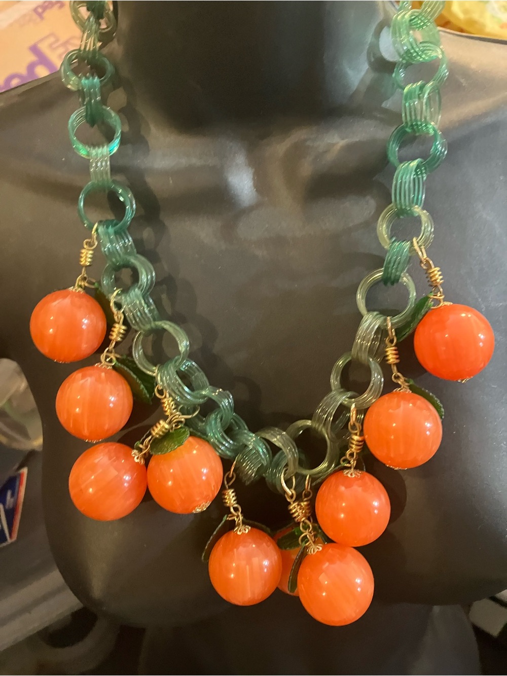 Necklace dangling oranges drops vintage Lucite green leaves massive
